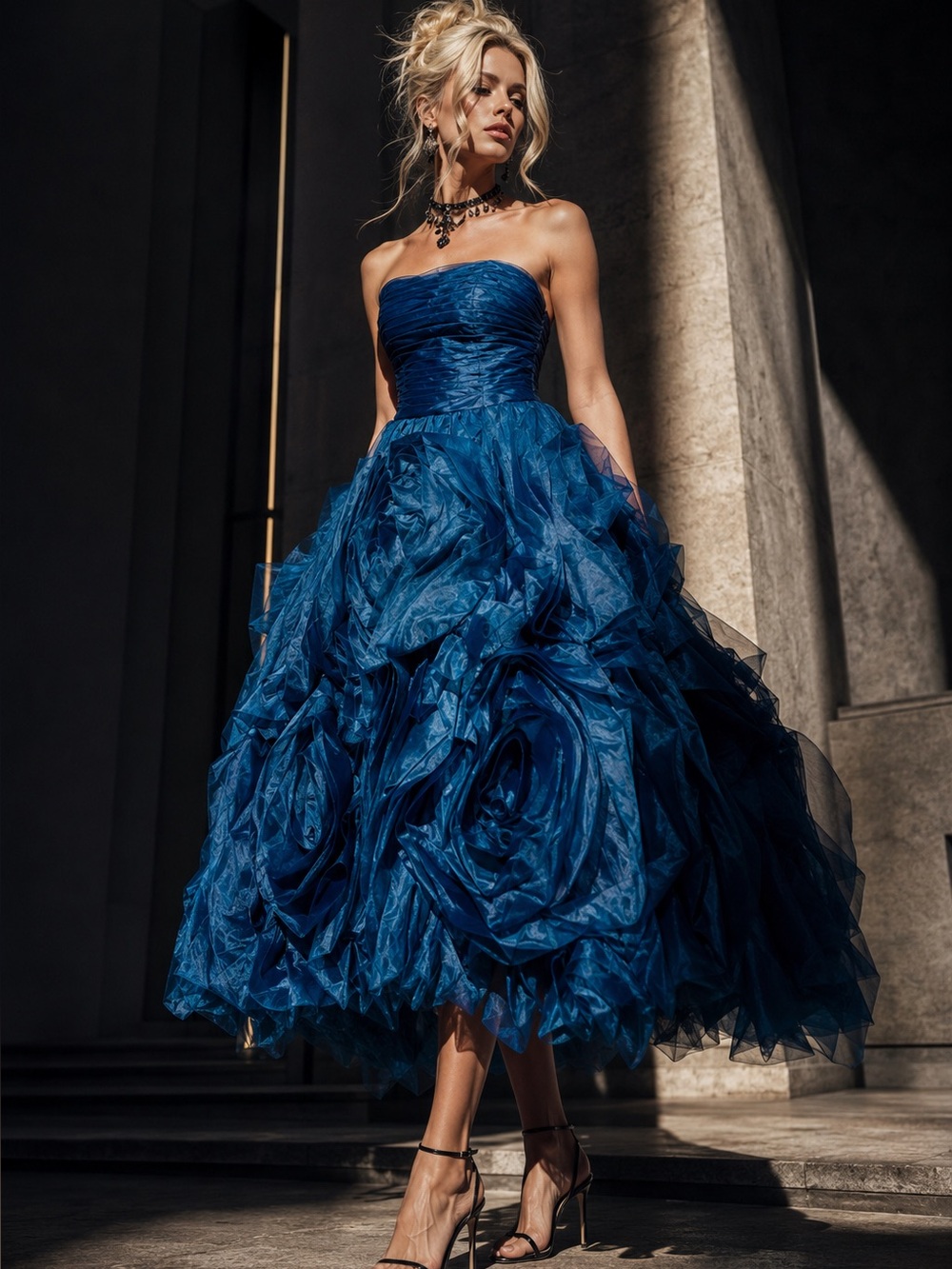 NWT Couture Inspired Teal Blue
Sculptural Rosette Ruffle Midi
Dress 4